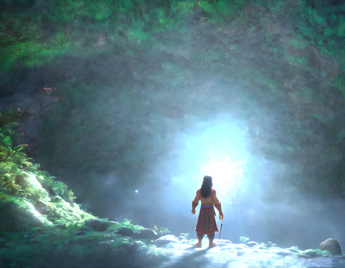 Person standing at edge of glowing water in lush cave surroundings