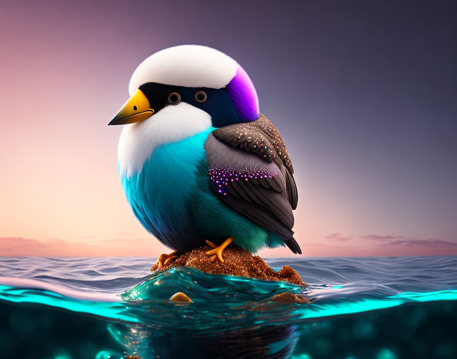 Colorful Stylized Digital Artwork of Bird with Various Features Perched on Ocean Rock at Sunset