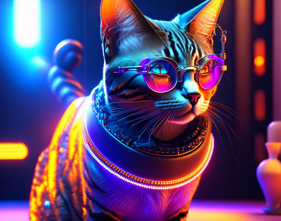 Stylized 3D illustration of cat with glasses and futuristic collar in neon lights