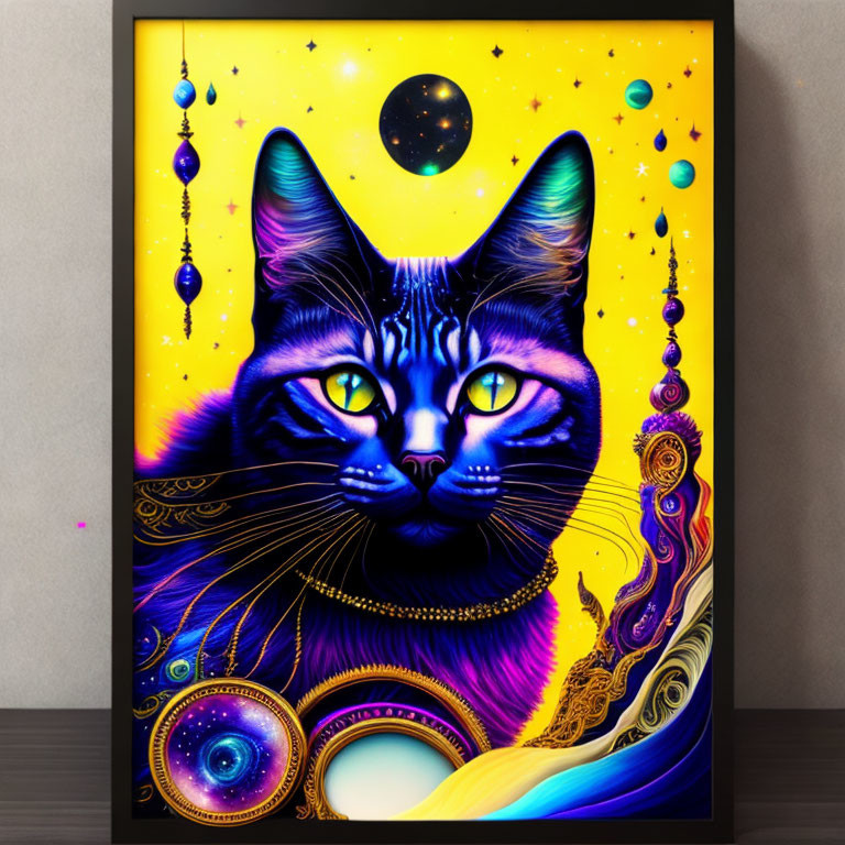 Colorful cosmic-themed cat with mesmerizing eyes and celestial orbs.