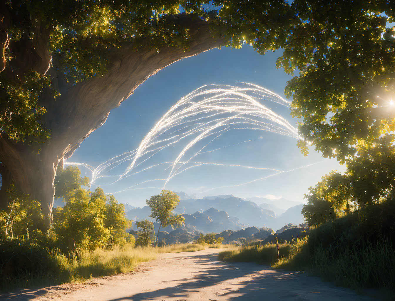 Tranquil landscape with arched tree, sunlight filtering through leaves, and whimsical sky trails