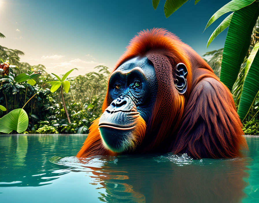 Male Orangutan Bathing in Greenery with Blue Skies