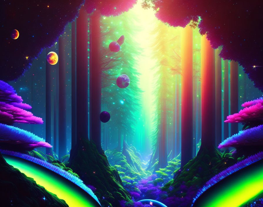 Colorful Fantasy Landscape with Glowing Trees and Neon Foliage