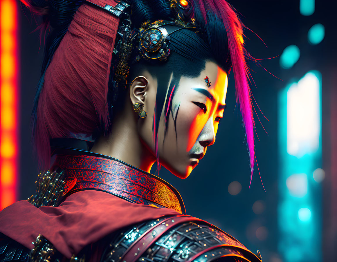 Futuristic warrior with pink hair and traditional armor in neon-lit setting