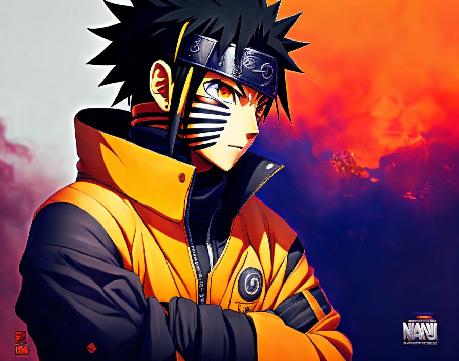 Male anime character with spiky hair, headband, black mask, and orange swirl jacket