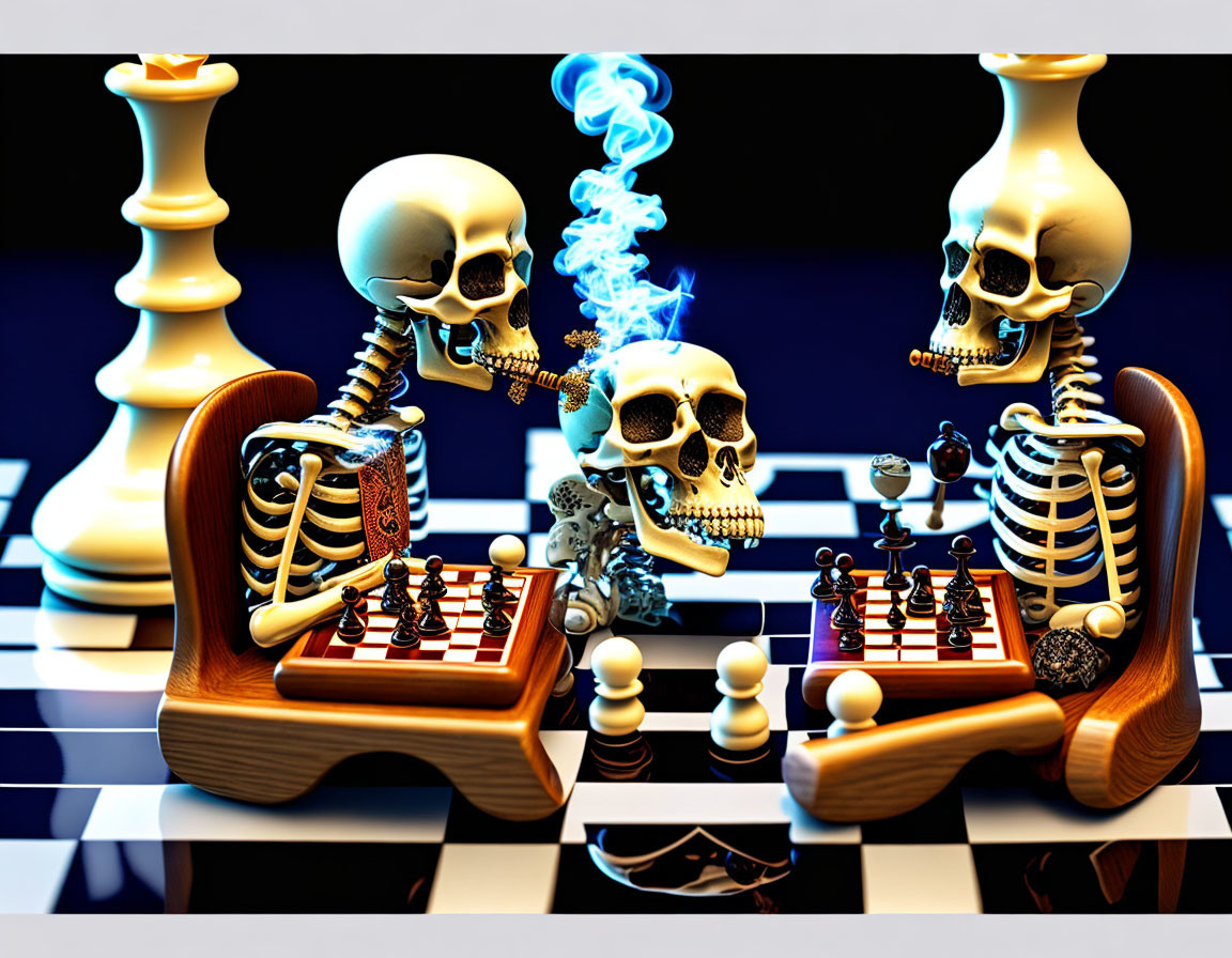 Animated skeletons playing chess with surreal blue smoke swirl.