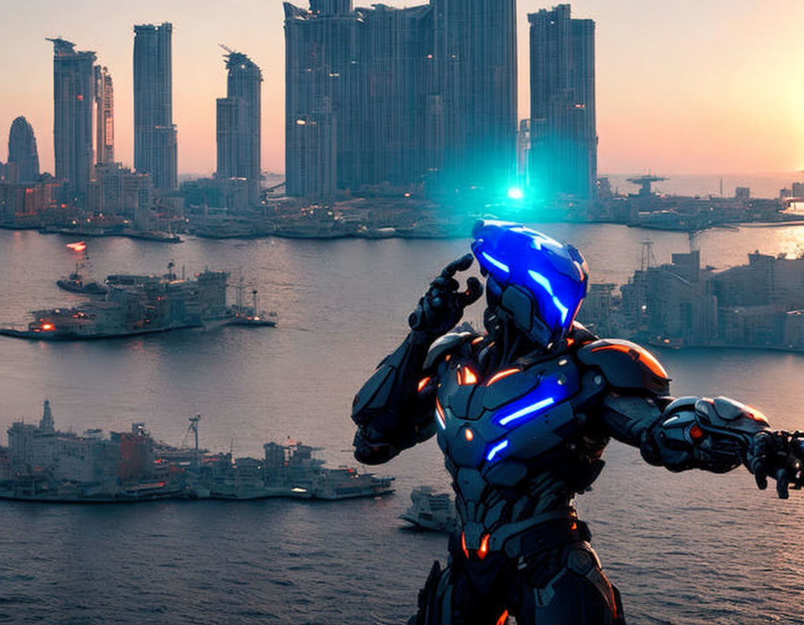 Futuristic armored robot at sunset by harbor with skyscrapers and ships