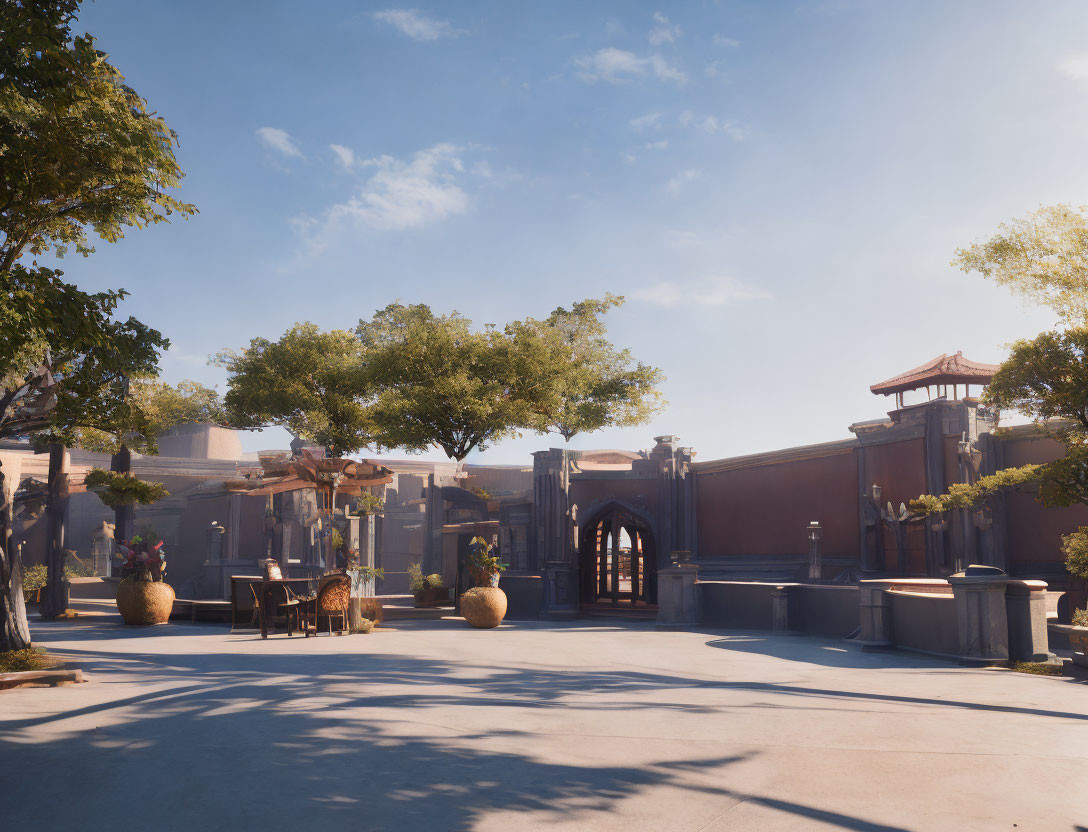 Traditional courtyard with potted plants under clear blue sky