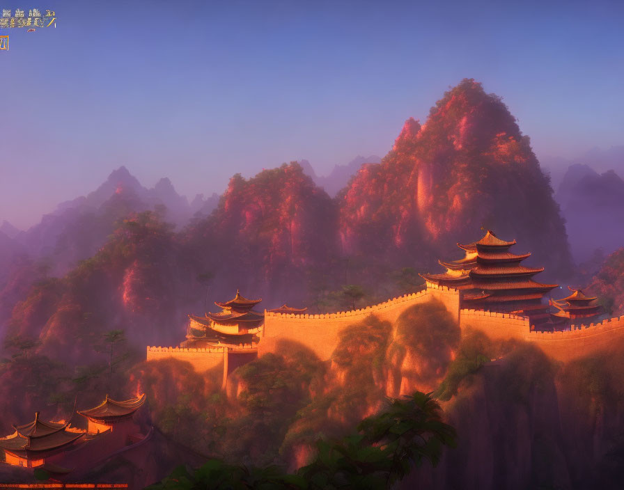 Ancient Asian palace complex with pagodas in misty mountain twilight