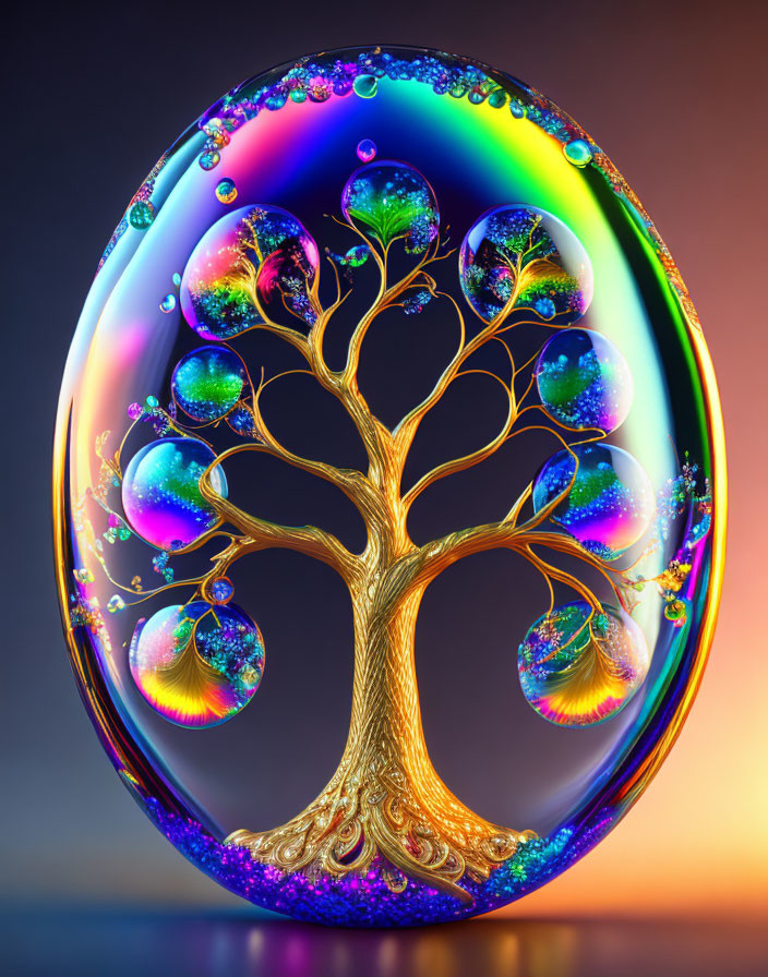 Colorful Digital Art: Golden Tree with Bubble-Like Foliage on Gradient Background