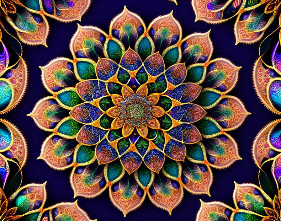 Colorful Digital Fractal Art: Kaleidoscopic Mandala with Leaf-like Shapes