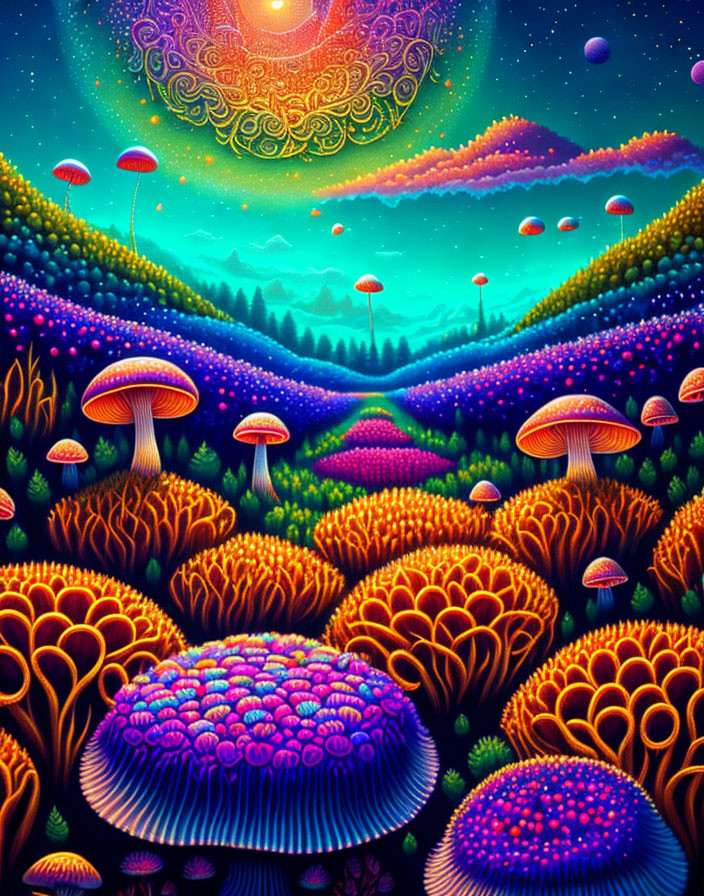 Colorful Psychedelic Landscape with Mushrooms, Plants, and Jellyfish-like Entities