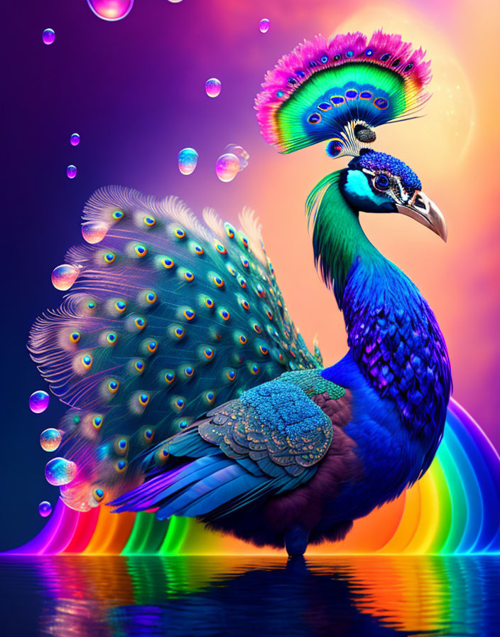 Colorful peacock illustration on psychedelic background with bubbles & rainbow gradient