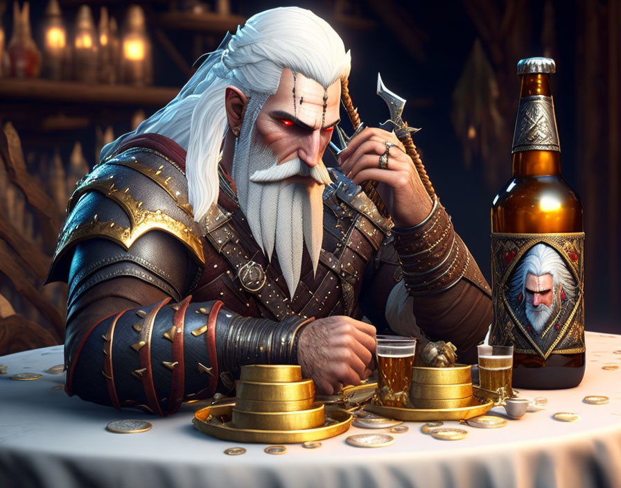 White-Haired Warrior Examines Figurine at Table with Gold Coins