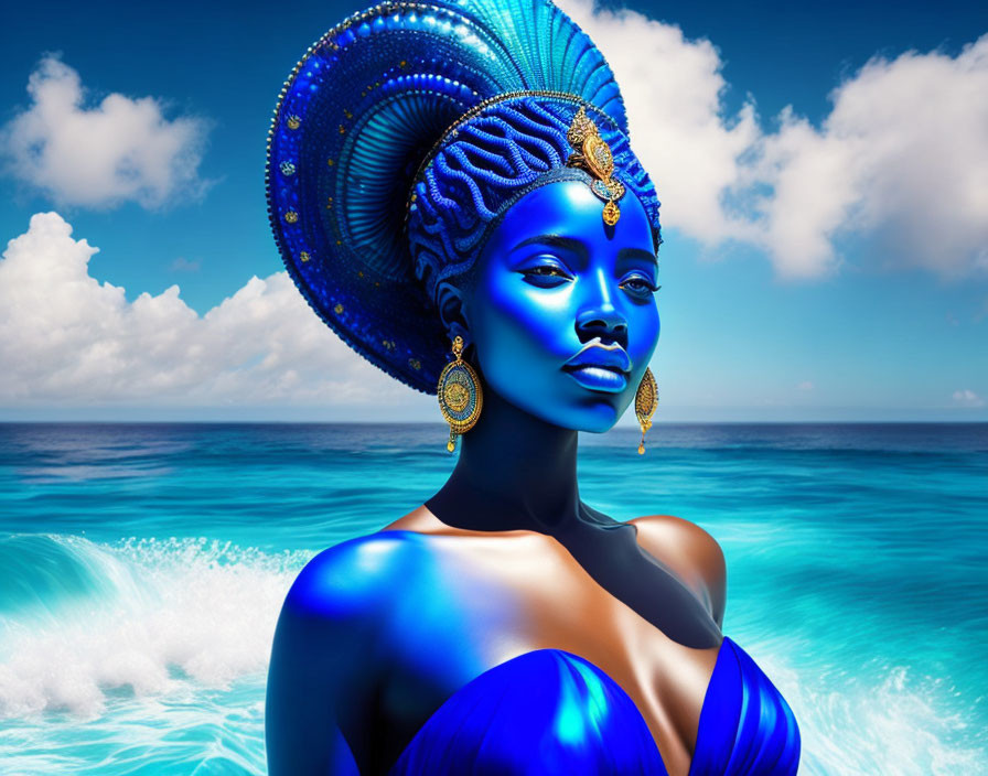 Colorful digital artwork of a blue-skinned woman with ornate accessories, set against ocean backdrop