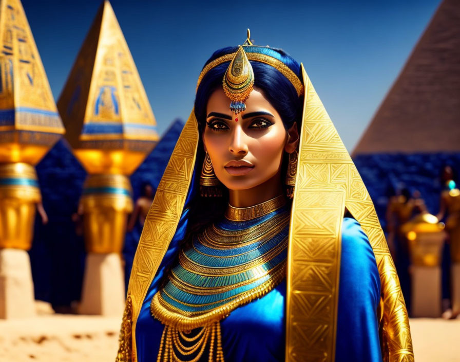 Traditional Egyptian costume woman with gold accessories at pyramids