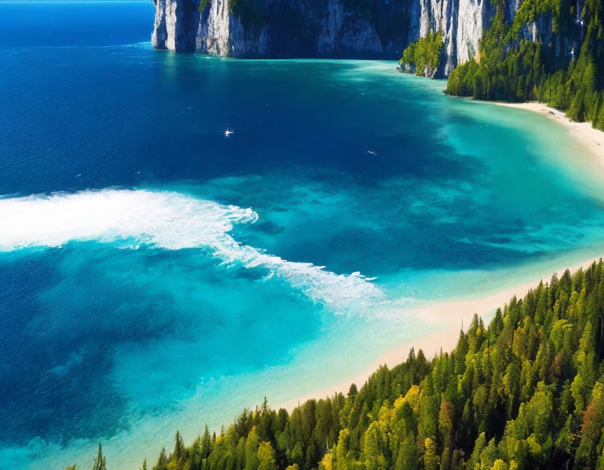 Vibrant shoreline with turquoise waters, white waves, sandy beach, and green forest