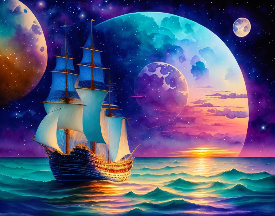 Digital artwork: Ship sailing at sunset with multiple moons in fantastical background