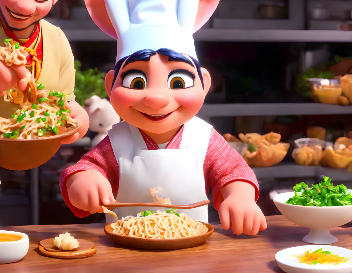 Animated chef smiling prepares noodles with toppings in busy kitchen.