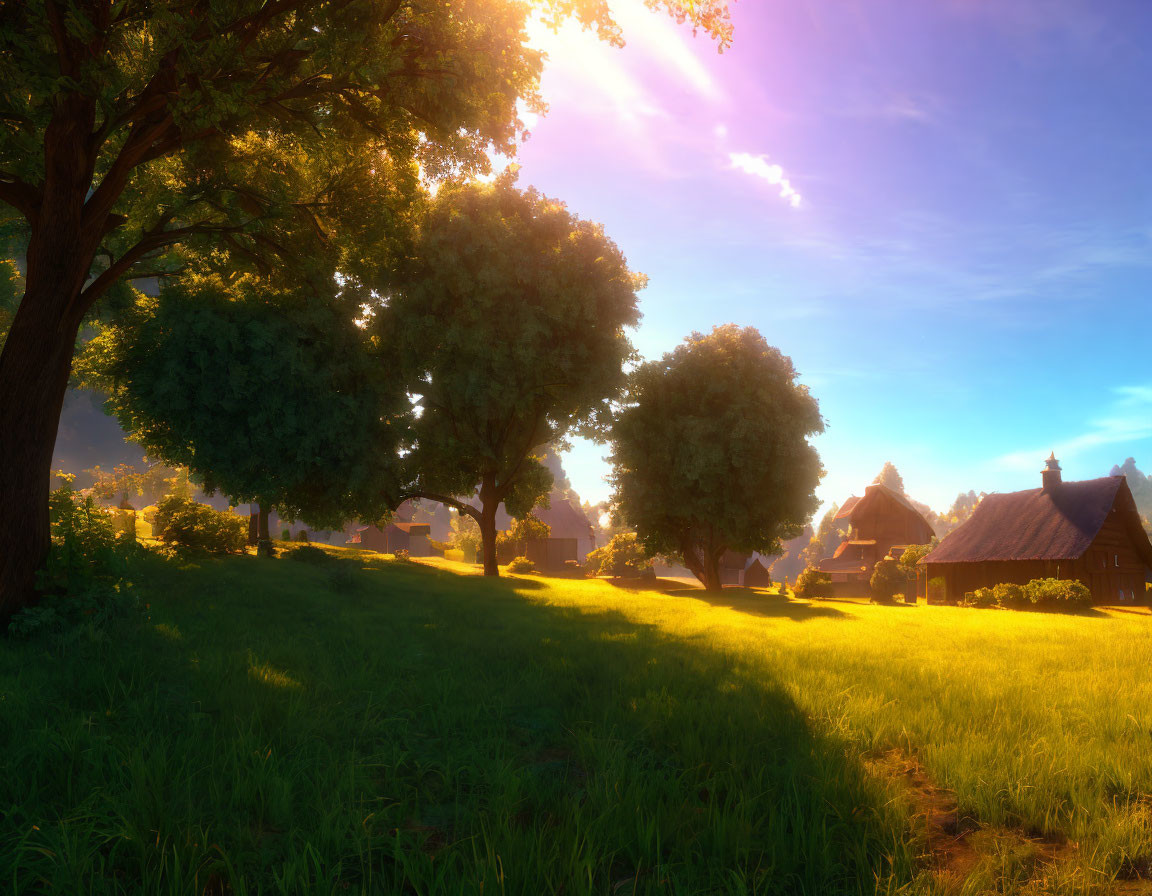 Sunlit pastoral scene with lush trees and cottages