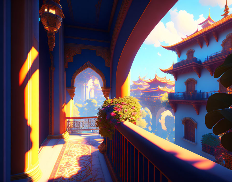 Digital artwork of sunlit balcony overlooking Asian-inspired palace