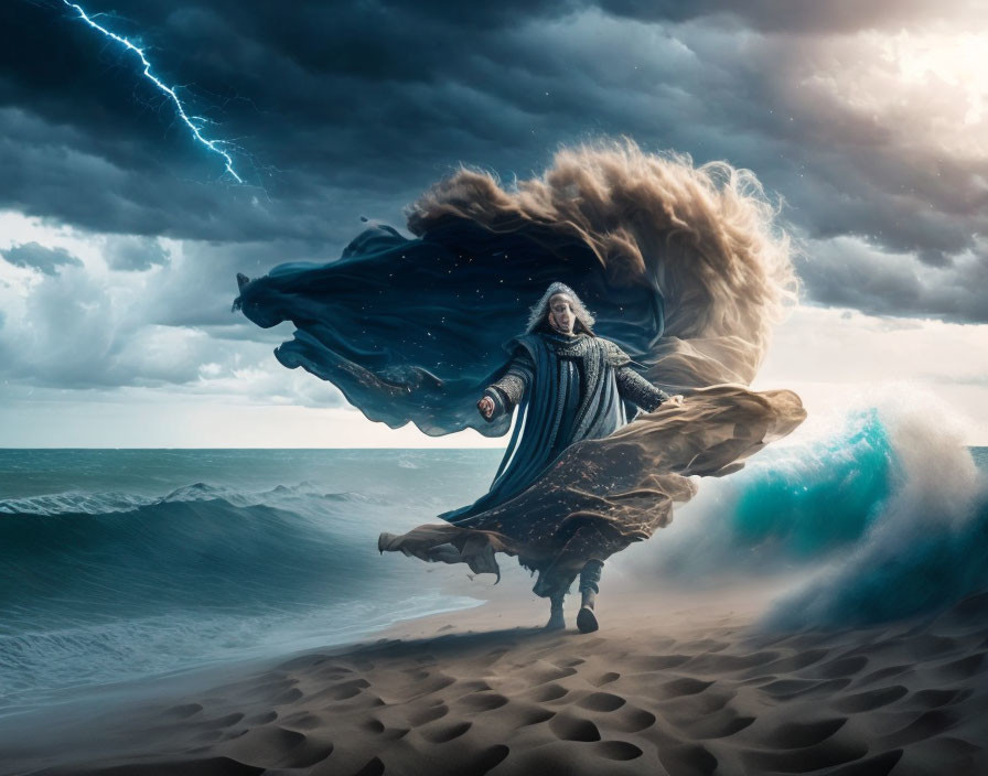 Mystical figure in flowing robes on beach with turbulent waves and dramatic sky