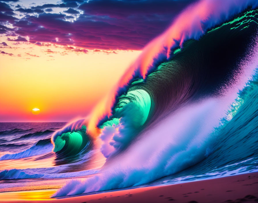 Scenic beach sunset with neon waves crashing.