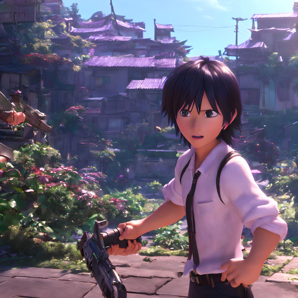 Short-haired animated character in white shirt wields weapon against sunlit ruins