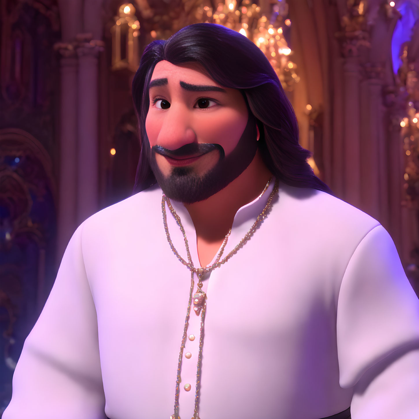 Mustached and bearded animated character in white outfit and gold necklace in pink and golden room