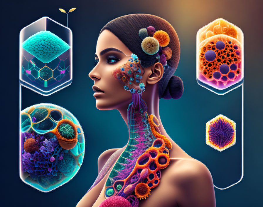 Colorful digital artwork featuring woman with cellular structures and geometric shapes.