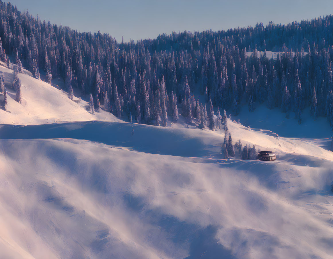 Snowy Winter Landscape with Cabin and Forest View