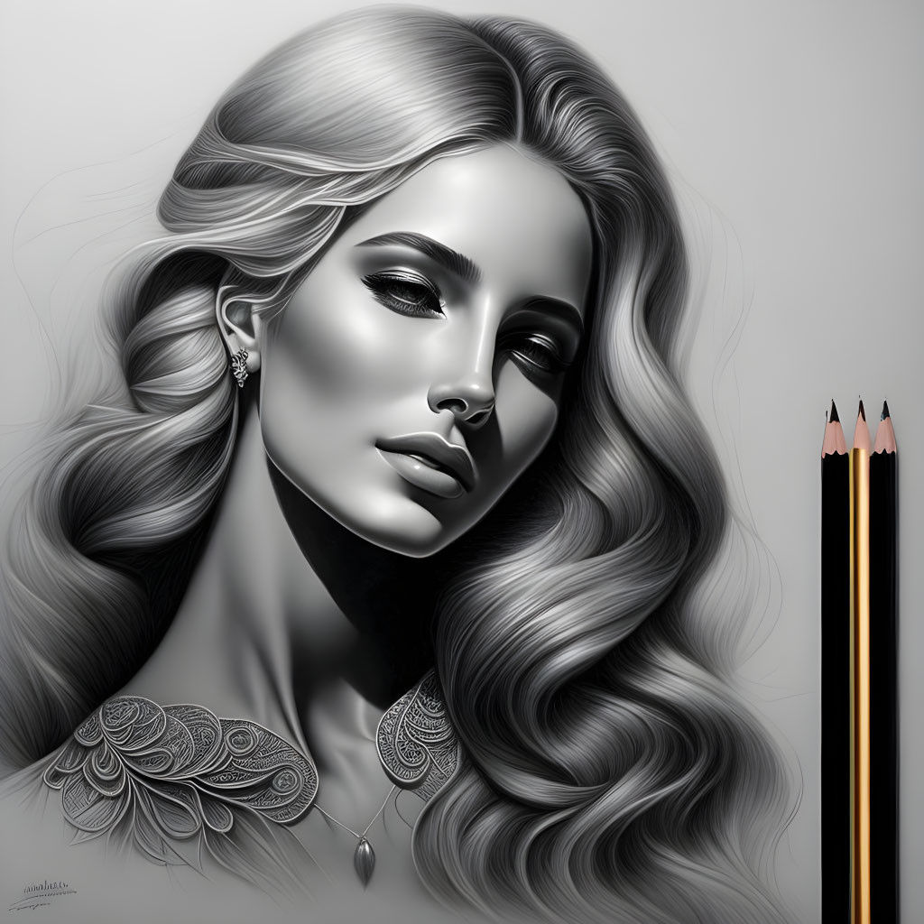 Detailed monochrome woman illustration with intricate hair, subtle makeup, earrings, and decorative neckline next to pencils