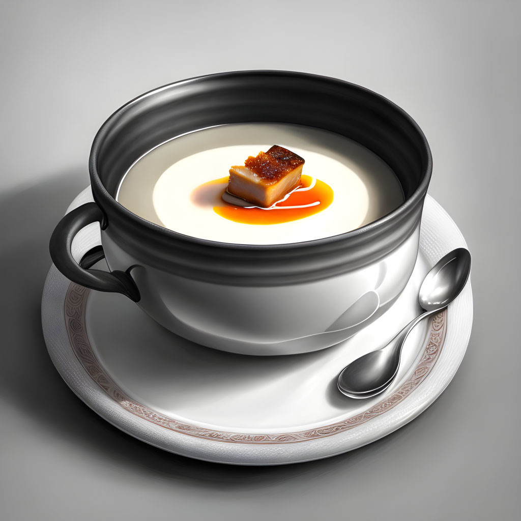 Creamy soup with caramelized food on saucer, two spoons, grey background