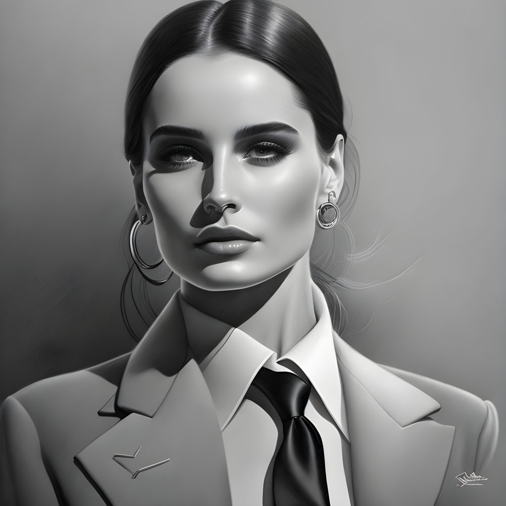 Monochromatic digital portrait of a woman with slicked back hair, hoop earrings, and a lap