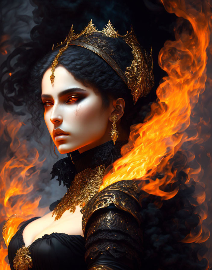 Regal woman in golden crown and black dress engulfed in swirling flames