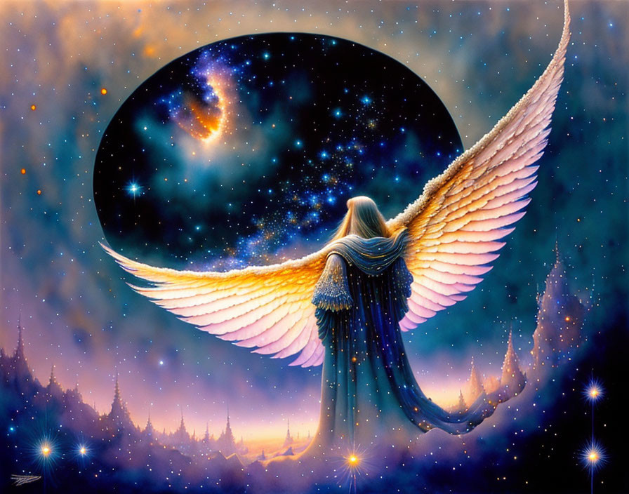 Celestial figure with vast wings in cosmic setting.