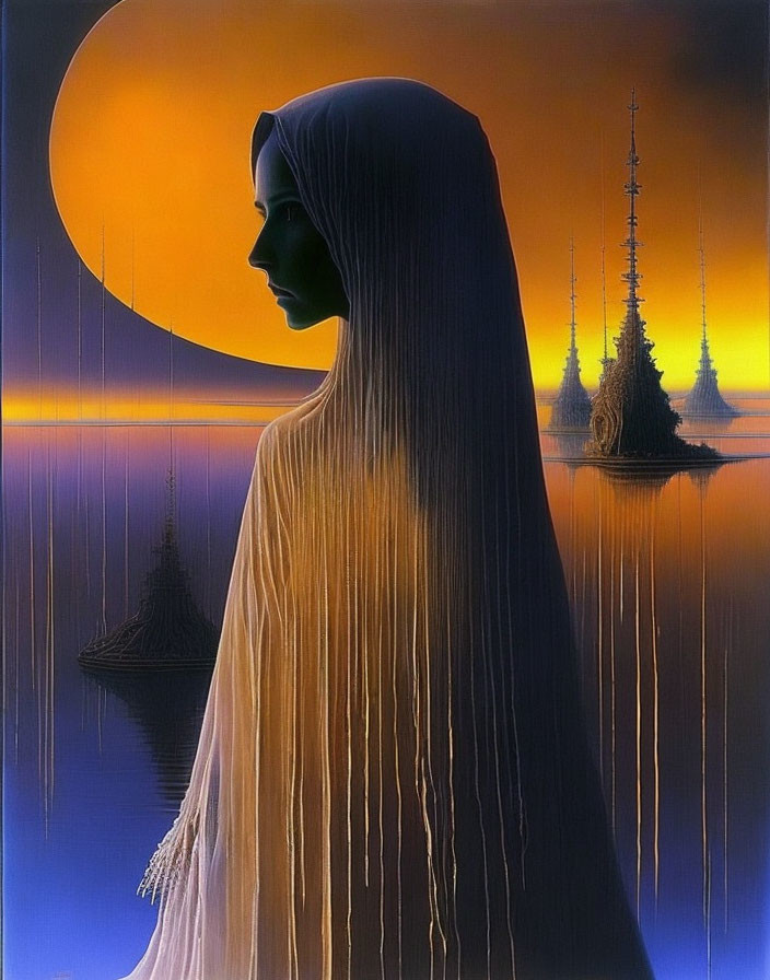 Veiled figure with flowing hair in surreal landscape