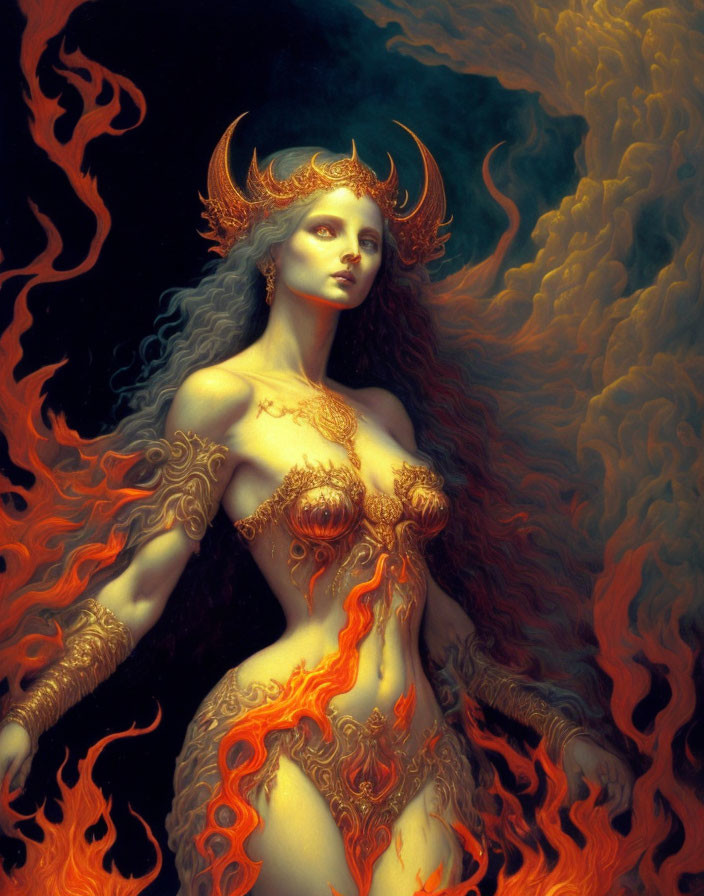 Fantasy illustration: Woman with horns in fiery surroundings