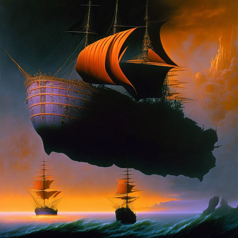 Three sailing ships in fantastical sunset sky