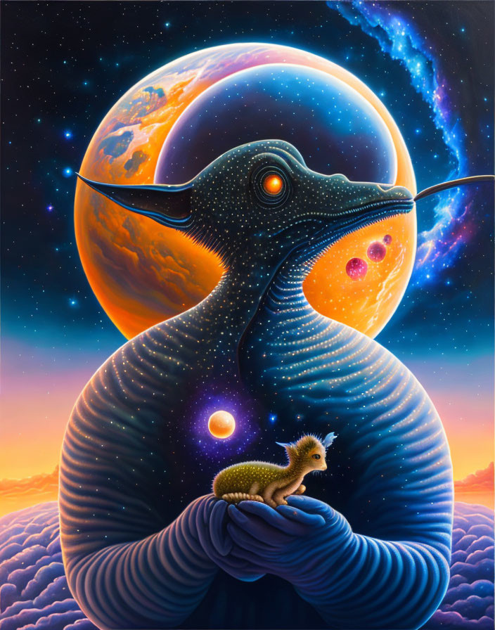 Large-eyed alien creature holding small dinosaur in colorful space scene