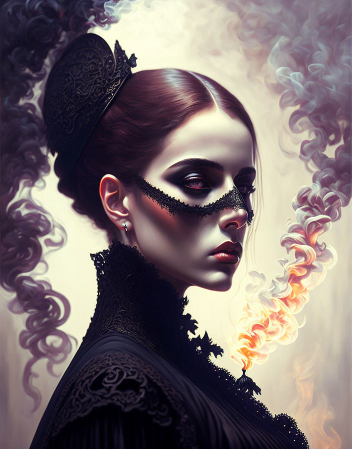 Gothic-style portrait of a woman in elegant attire with black lace mask and swirling smoke