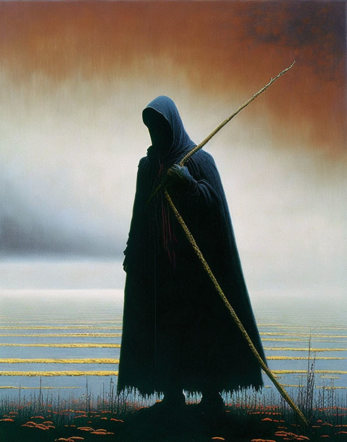 Misty field scene with cloaked figure holding scythe