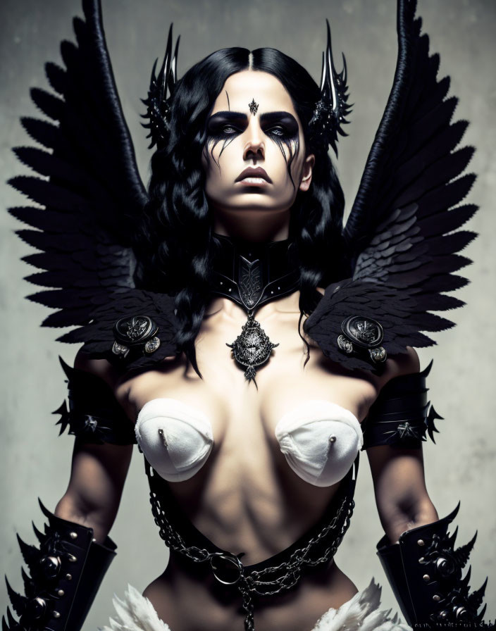 Dark angel with gothic armor and intense gaze.