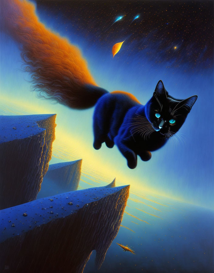 Black cat with green eyes on floating blue rocks under cosmic sky