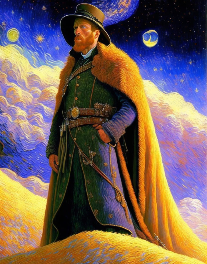 Stylized portrait of a man in wide-brimmed hat and fur cloak against surreal sky