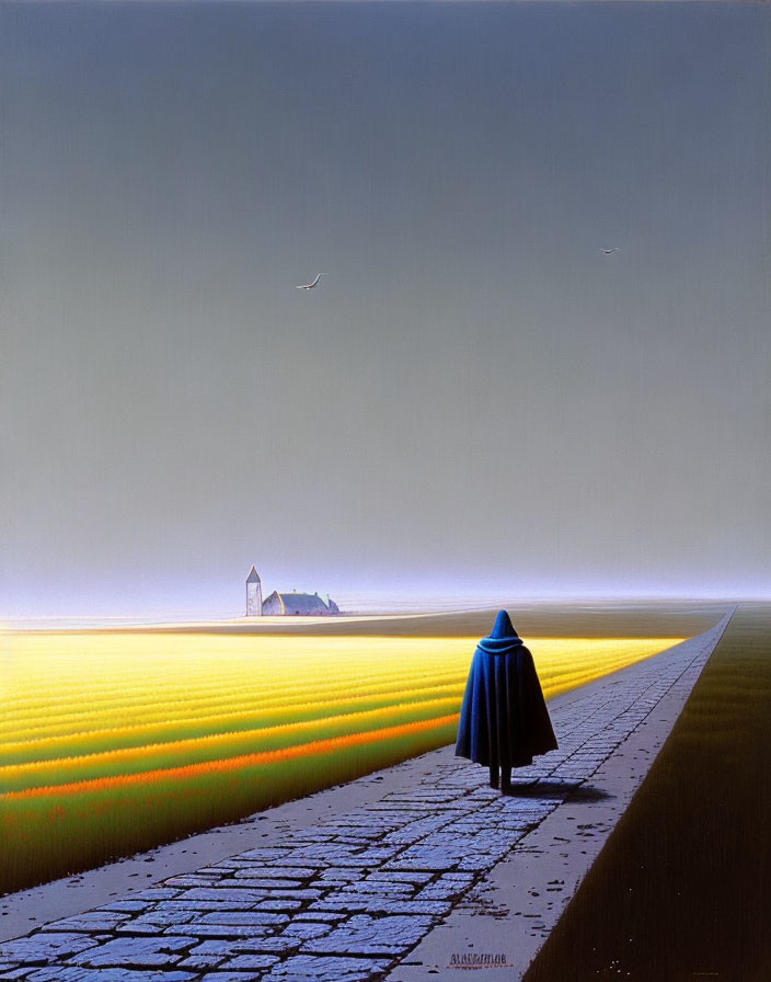 Figure in Blue Cloak Stands on Cracked Path by Golden Field