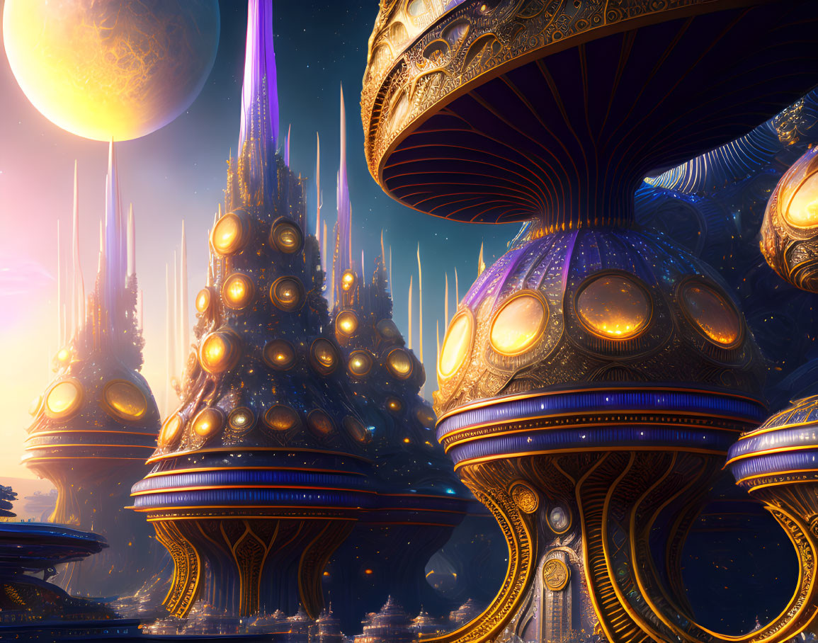 Futuristic cityscape with dome-shaped buildings and glowing structures at twilight