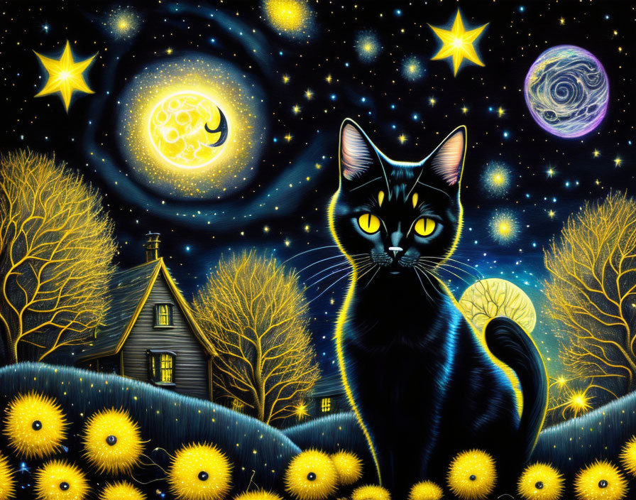 Colorful artwork: black cat with glowing eyes, yellow flowers, night sky with galaxy, stars,