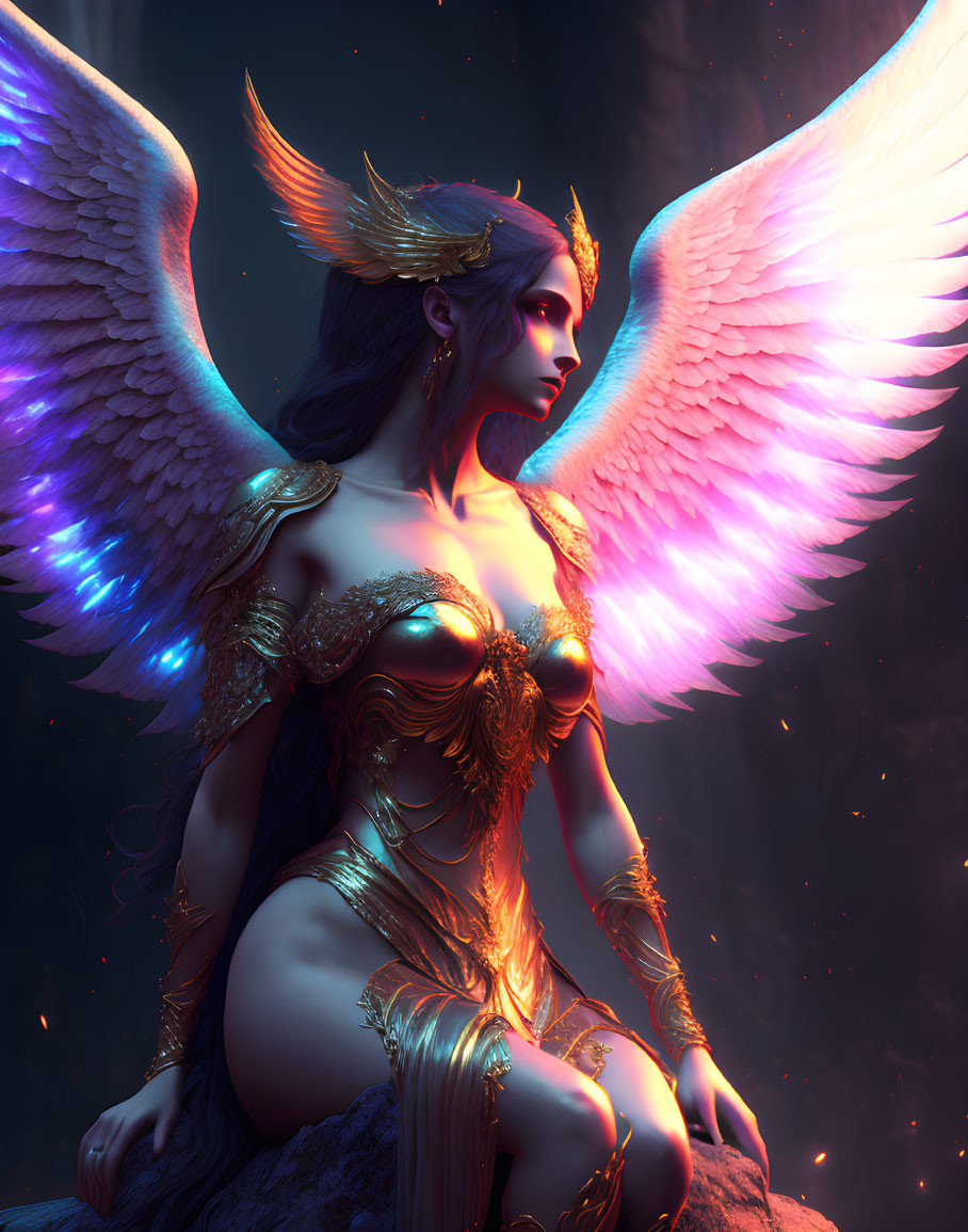 Mythical female figure with multicolored wings and golden attire