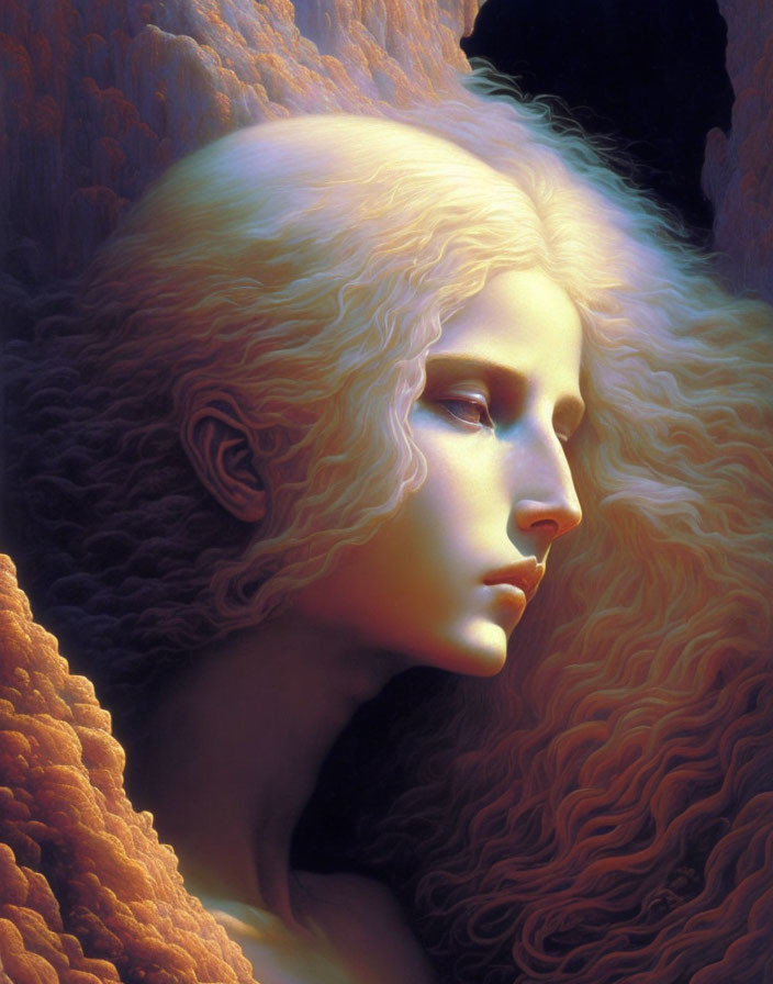 Ethereal portrait of person with flowing blond hair and serene expression